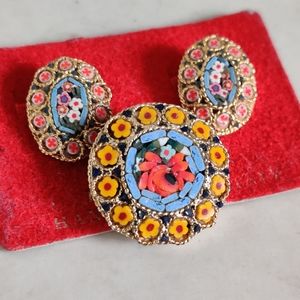 New Vintage 50s Italian Mosaic Earrings and Brooch Set